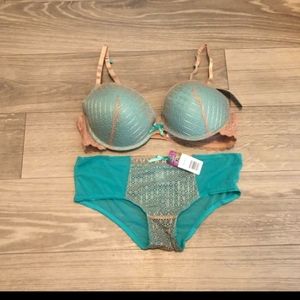 38d bra set green beige pushup mesh match XL extra large bikini panty underwear